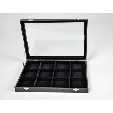 Jewelry Display Case, 25 x 35 cm. Black velvet. Glass lid. 12 compartments Jewelry Display Case, 25 x 35 cm. Black velvet. Glass lid. 12 compartments
