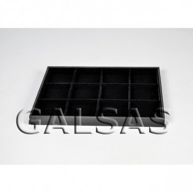 Dėžutė papuošalams, 12 skyrelių, juodas aksomas, dydis 25 x 35 cm, skyrelio matmenys - 75 x 75 mm