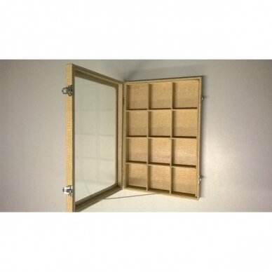 Dėžutė papuošalams, su stikliniu dangčiu, 12 skyrelių, lino imitacija, dydis 25 x 35 cm, skyrelio matmenys - 75 x 75 mm