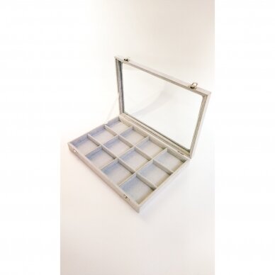 Dėžutė papuošalams - 12 skyrelių, su stikliniu dangčiu, 25 x 35 cm, pilkas veliūras