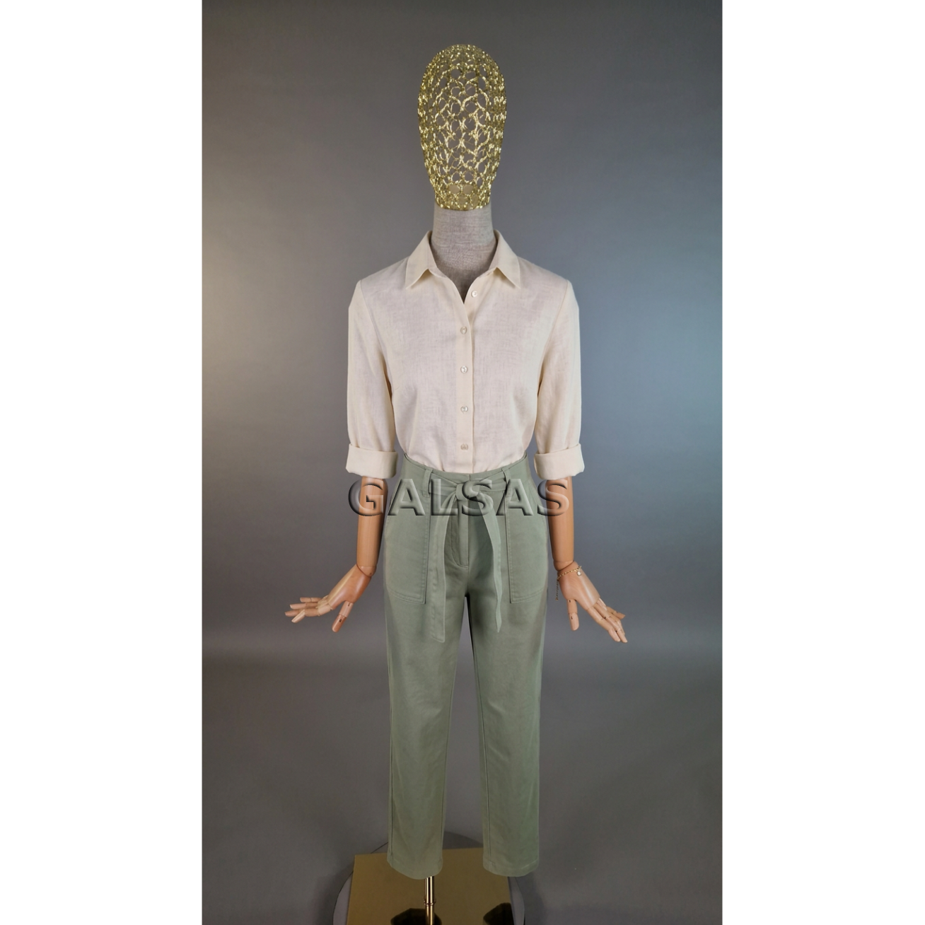 Linen Mannequin with Wooden Arms and a Gold Mesh Head - for Clothing, Exhibitions, and Stores 10 Linen Mannequin with Wooden Arms and a Gold Mesh Head - for Clothing, Exhibitions, and Stores 10