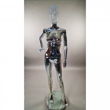 Mirror-Chrome Female Full-Body Mannequin with Woven Mesh Head - BF17-TINKL-SILVER Mirror-Chrome Female Full-Body Mannequin with Woven Mesh Head - BF17-TINKL-SILVER