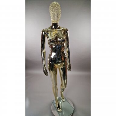 Gold Female Full-Body Mannequin with an Original Metal Head, Model BF2-TIN-GOLD. Plastic Gold Female Full-Body Mannequin with an Original Metal Head, Model BF2-TIN-GOLD. Plastic