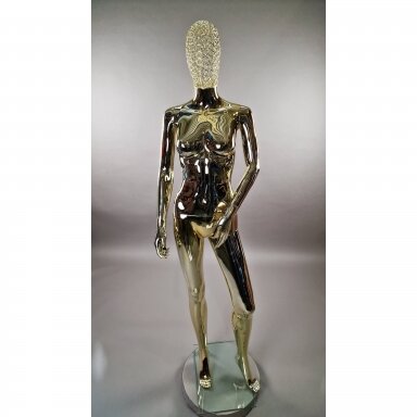 Gold Female Mannequin with an Original Metal Head - Model BF3-TIN-GOLD. Full-body. Gold Female Mannequin with an Original Metal Head - Model BF3-TIN-GOLD. Full-body.