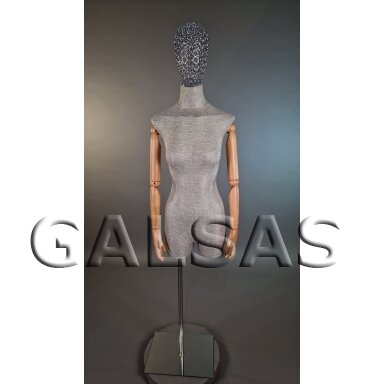 Linen Female Mannequin with Wooden Arms and a Silver Mesh Head - for Selling Clothing, Stores, Exhibitions Linen Female Mannequin with Wooden Arms and a Silver Mesh Head - for Selling Clothing, Stores, Exhibitions
