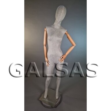Mannequin T67 with wooden arms, covered in linen fabric, female full-body. Designed for displaying clothing in stores, sales areas, and exhibitions. Mannequin T67 with wooden arms, covered in linen fabric, female full-body. Designed for displaying clothing in stores, sales areas, and exhibitions.