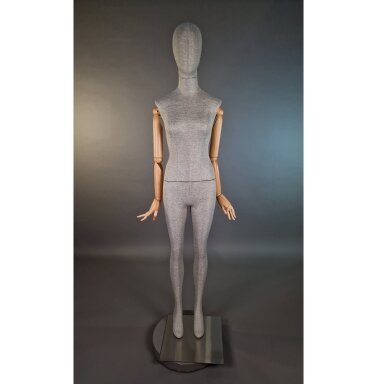 Linen Female Mannequin with Wooden Arms. Full-Body. For Clothing Display, Stores, and Exhibitions Linen Female Mannequin with Wooden Arms. Full-Body. For Clothing Display, Stores, and Exhibitions