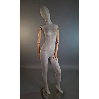 Full-Body Linen-Covered Female Mannequin with Wooden Arms. For Clothing Retail, Exhibitions, and Stores Full-Body Linen-Covered Female Mannequin with Wooden Arms. For Clothing Retail, Exhibitions, and Stores