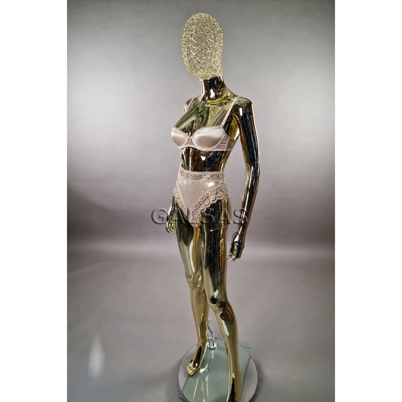 Gold Female Full-Body Mannequin with Elegant Mesh Head - Model BF1-TIN-GOLD. Full-body. Plastic 9 Gold Female Full-Body Mannequin with Elegant Mesh Head - Model BF1-TIN-GOLD. Full-body. Plastic 9