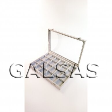 Juvelierizstrādājumu kastīte ar stiklu - 24 nodalījumi, pelēks velūrs, 25 x 35 cm