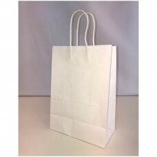 Popieriniai maišeliai - vertikalūs, KRAFT popieriaus,su suktomis rankenėlėmis.Matmuo 25,5 x 33 см(h). Balta spalva